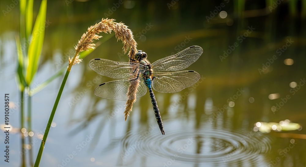 Naklejka premium Dragonfly Perched on a Reed Above Reflective Water Surface in a Serene Natural Habitat.