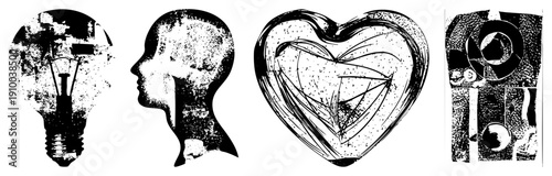 Vector art featuring stylized lightbulb, human head profile, heart, and abstract shapes with textured grunge effect,, conceptual design, isolated elements.