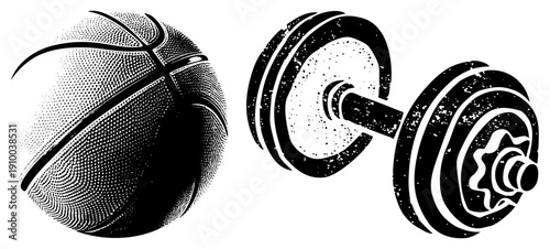 Sports equipment featuring basketball and dumbbell, rendered in halftone dot, fitness and gym symbols, athletic gear, vector graphic, design.