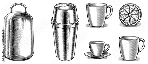 Hand drawn coffee thermos, cocktail shaker, mugs, espresso cup, citrus slice, engraved art, retro kitchenware, beverage accessories.