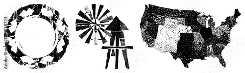Rustic windmill silhouette, USA map, halftone dot, distressed texture, graphic design elements, vector illustration, isolated.