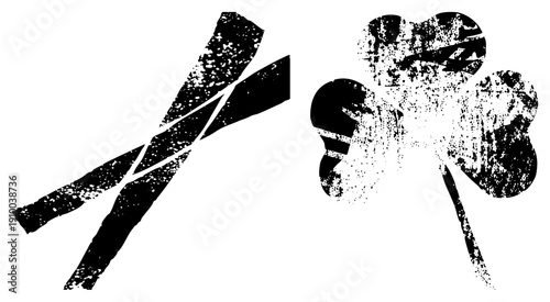 Grunge textured clover leaf and cinnamon sticks, rustic spice illustration, botanical design, culinary, vector art.