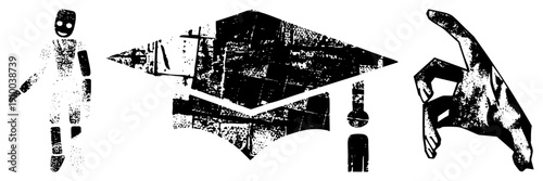 Graphic of graduate, mortarboard, and hand gesture, halftone texture, academic achievement symbols, educational vector art.