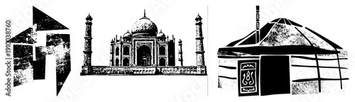vector of world landmarks Taj Mahal, Mongolian yurt, abstract house stylized for graphic design, travel, or cultural illustration.