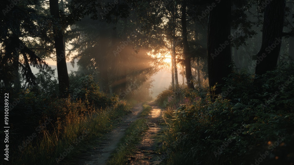 Fototapeta premium Mist rising on a forest path as sunlight breaks through trees during dawn
