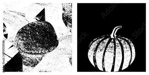 Stylized pumpkin with vertical stripes and abstract cat head, both rendered in halftone dot texture, vector art, isolated foreground, black and white graphic.