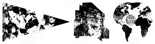 Fragmented black and white vector forms resembling directional arrow, human head silhouette, and globe map, rendered in halftone dot, graphic design elements, abstract composition.