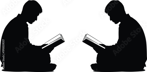 Side view silhouettes of a young man sitting cross-legged on the floor while focused on reading a book isolated on white background for education.
