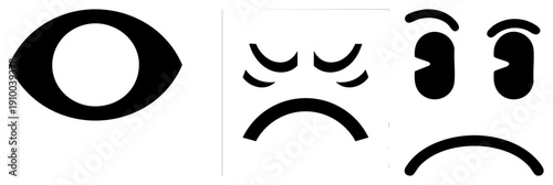 Simple black vector featuring an eye, a frowning face, and a stylized sad face, all in flat style, isolated on transparent background.