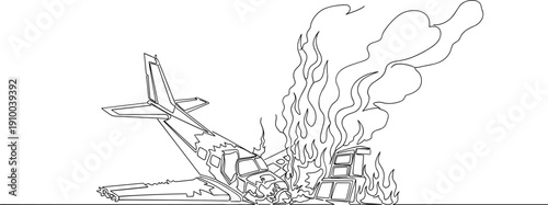 Continuous one line drawing of a small private airplane on fire with thick smoke after a crash landing accident