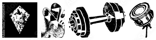 Grunge styled vector diamond, heart, dumbbell, drum. Retro graphic symbols with distressed texture. Ideal for fitness, music, or luxury branding.