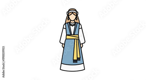 Woman in traditional blue and white clothing with yellow sash standing alone