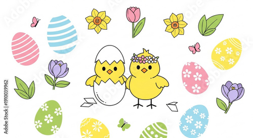 Two yellow chicks with easter eggs and spring flowers on white background