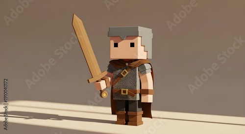 Pixelated warrior holding sword against neutral background