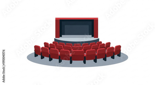 Red theater seats arranged in a circular pattern around a raised stage with a red framed screen