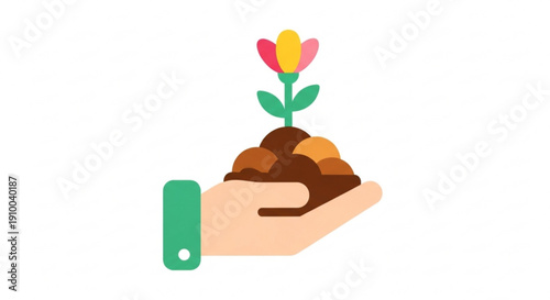Hand holding soil with a small tulip plant growing in it nurturing growth concept