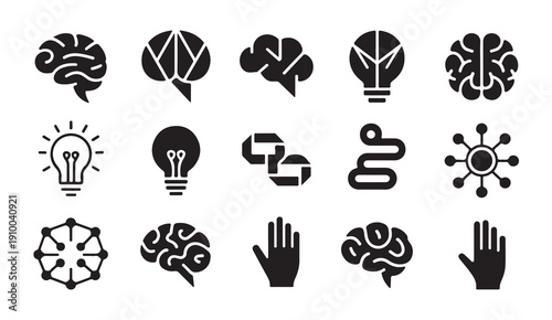 Diverse set of brain, lightbulb, network, and hand icons representing ideas and knowledge vector