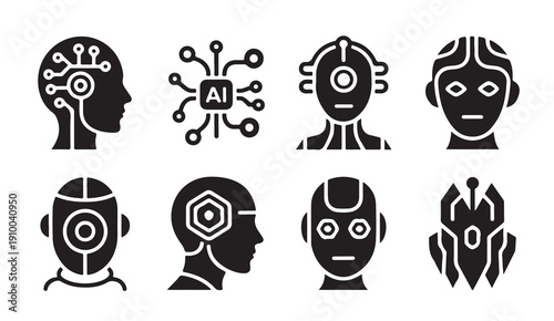 Set of artificial intelligence and robot head icons symbolizing technology and future vector
