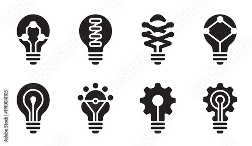 Bold graphic light bulb icons with mechanical gears and geometric patterns for smart design