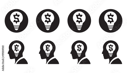 Creative financial ideas icons set with dollar and euro lightbulbs inside human heads concepts