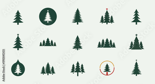 Christmas Tree Vector Icon Set, Evergreen Forest