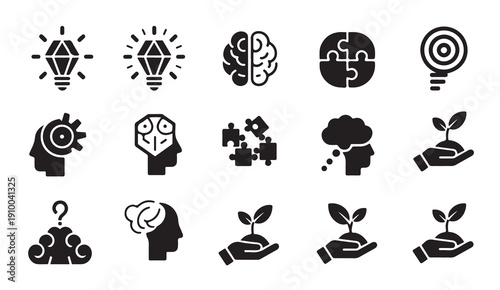 Creative, innovation, lightbulb, brain, puzzle, solution, new idea vector icons set