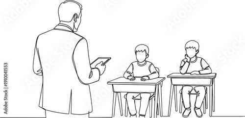Continuous one line drawing of male teacher with tablet standing in front of students in classroom for education.