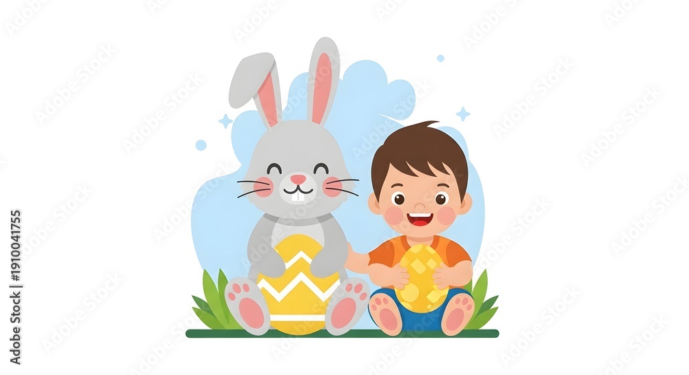 Fototapeta premium Boy and bunny with Easter eggs