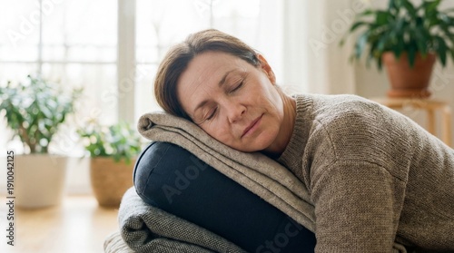 Relaxed Middle-Aged Woman Resting on Soft Blankets, Close-Up Portrait of Calmness and Comfort at Home, Peaceful Moment in Cozy Living Room with Natural Light and Indoor Plants