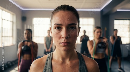 Focused Young Woman Leading Group Fitness Class in Gym, Intense Workout with Dumbbells and Resistance Bands, Strong Determination and Healthy Lifestyle, Team Training Session