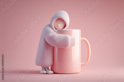 Sleepy Student Hugs Giant Coffee Mug in Cozy Setting During Late-Night Study Session