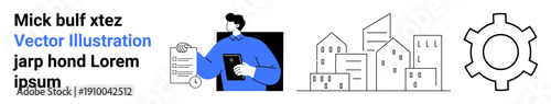 Person reviewing clipboard and tablet, set near sketched urban buildings and cogwheel design. Ideal for business, analytics, urban planning, technology, workflow, team management, simple landing page