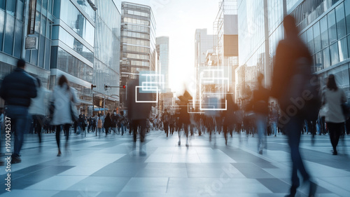 Blurred crowd walking busy urban street with tall glass buildings and digital overlay of face recognition scanning creating futuristic atmosphere