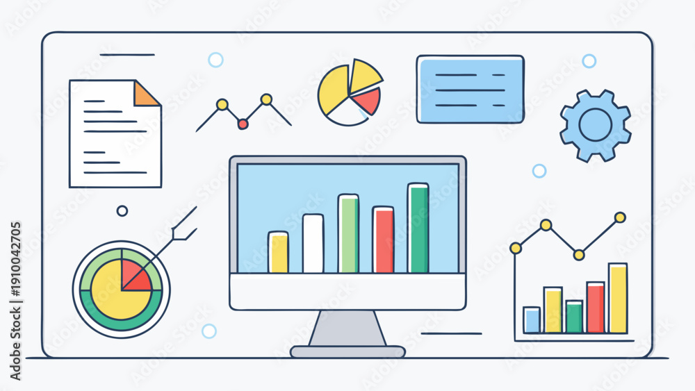 Fototapeta premium Professional minimal flat icon set for office analytics dashboards, including charts, data reports, KPIs, and performance metrics. Great for fintech, SaaS platforms, and corporate visuals.