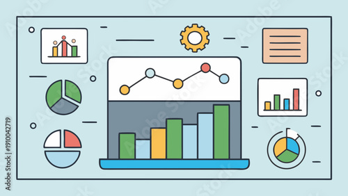 Professional minimal flat icon set for office analytics dashboards, including charts, data reports, KPIs, and performance metrics. Great for fintech, SaaS platforms, and corporate visuals.