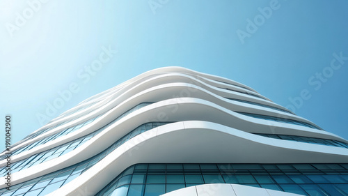 Futuristic skyscraper with organic parametric design and smooth white curves under clear blue sky