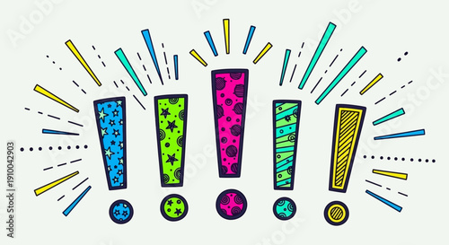 Colorful Exclamation Marks with Patterns and Rays