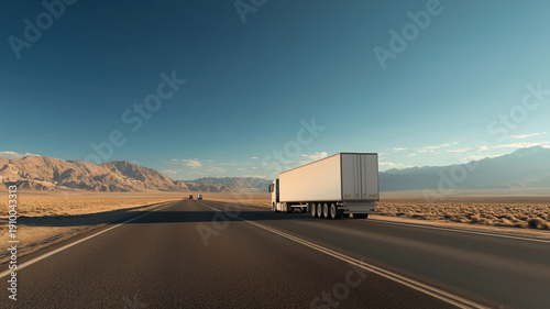 Autonomous truck driving on empty desert highway with mountains in background under clear blue sky