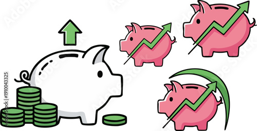 Vector piggy bank icon set with green up arrows and coin stacks, financial growth and savings concept, isolated on white