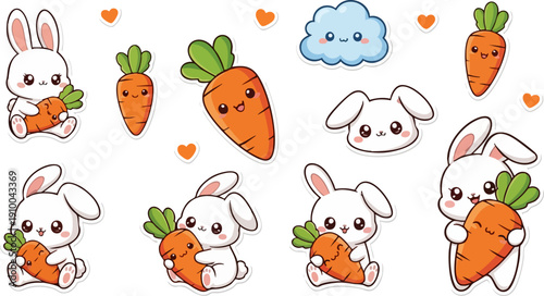 Cute cartoon white bunny rabbits and orange carrots vector sticker set, kawaii animal and vegetable collection, isolated on white