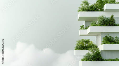 Vertical forest city concept skyscraper with green plants and trees on white terraces, modern eco friendly architecture design