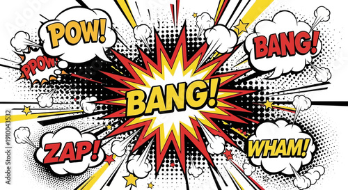 Comic Book Explosion with Speech Bubbles and Sound Effects