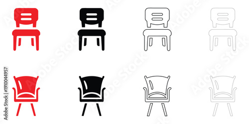 modern dining chair icon vector set, dinning table chair symbol vector, silhouette and line art illustration