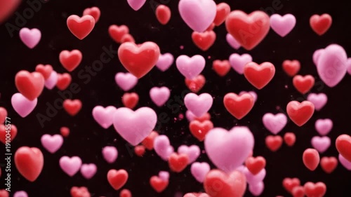 Floating, glossy red and pink hearts fill the frame against a dark background, some blurred
