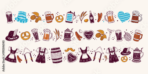 Hand-drawn vector Oktoberfest beer border with mugs, pretzels, sausages, barrels, Bavarian hats, hops, and barley. Ideal for festival designs, pub menus, packaging, and celebrations