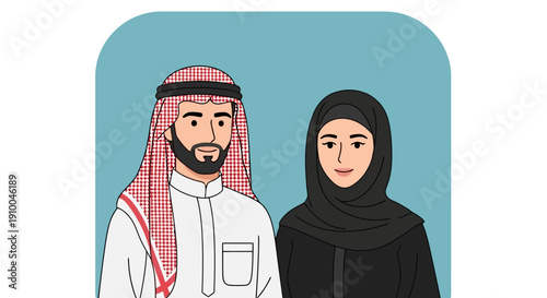 Arab man and woman in traditional clothing standing together.