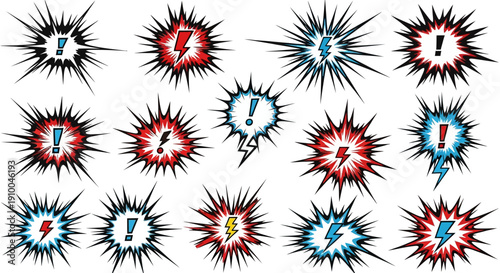 Comic explosion set with exclamation marks and lightning bolts