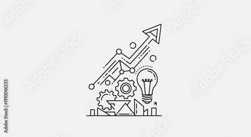 Business growth chart with lightbulb and gears illustration.