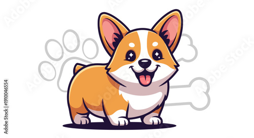 Cute cartoon corgi dog with happy expression and paw prints.