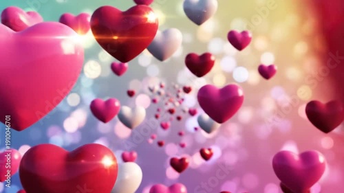 Floating hearts in shades of red and pink on a bokeh background